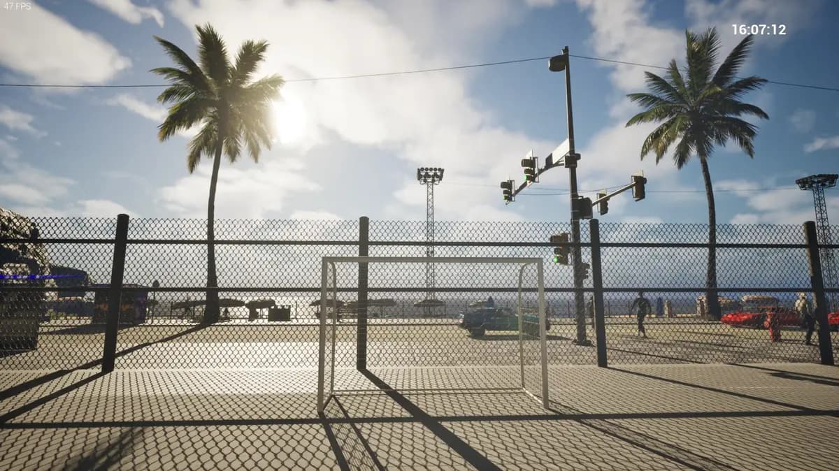Game screenshot showing a character near a kiosk on the beach.
