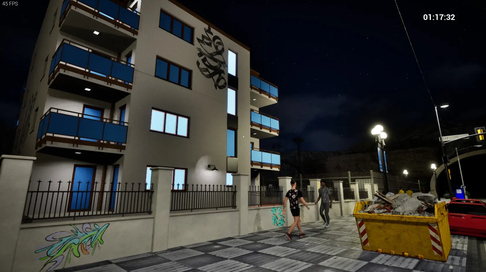 Game screenshot of the beach at night.