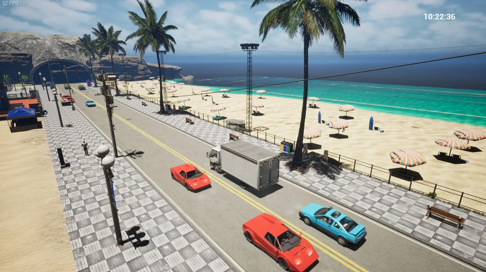Game screenshot of a street view with a character and a car.