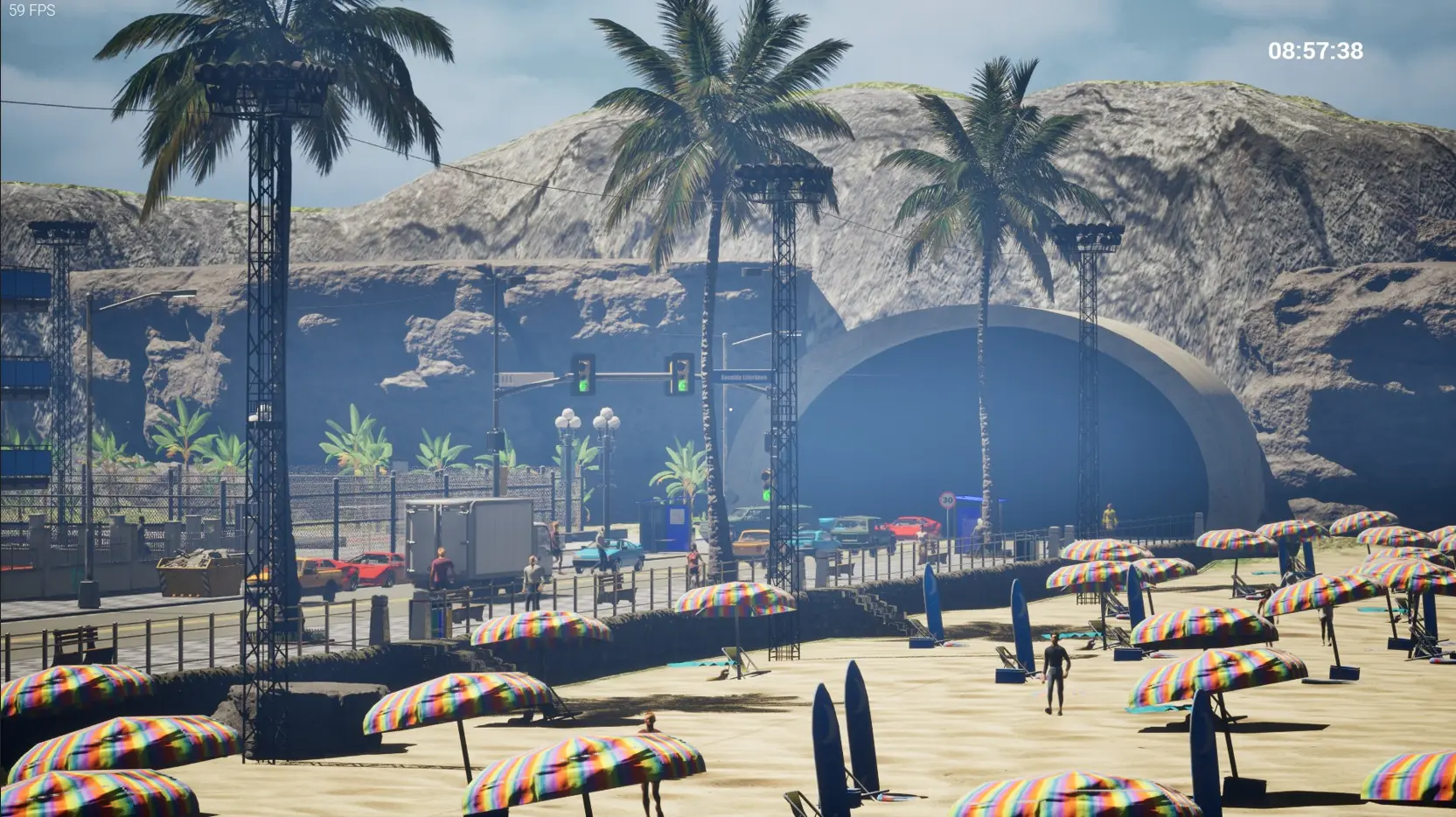 Game screenshot showing a room with a view to the beach.