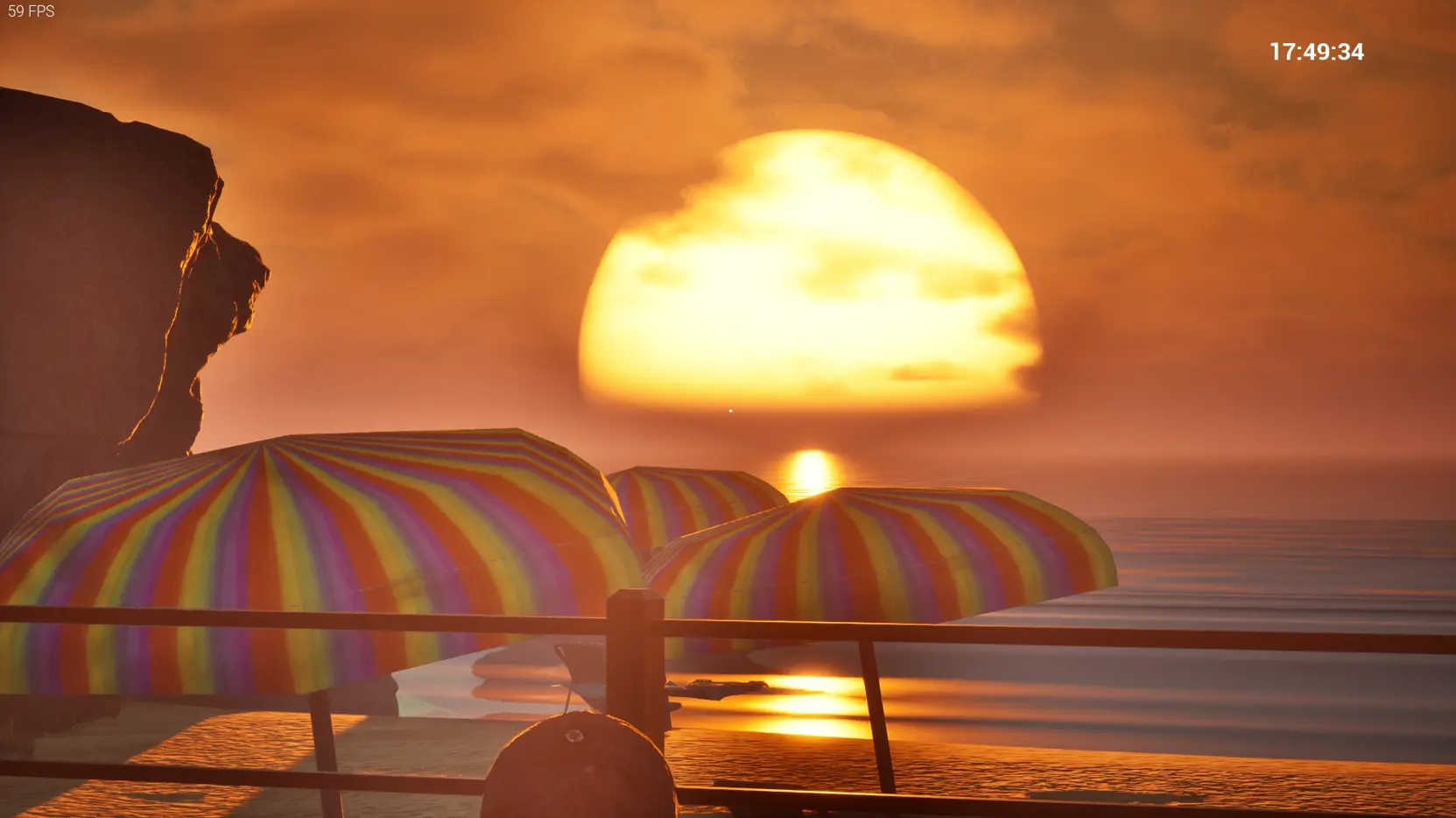 Game screenshot of a character looking at the sunset.